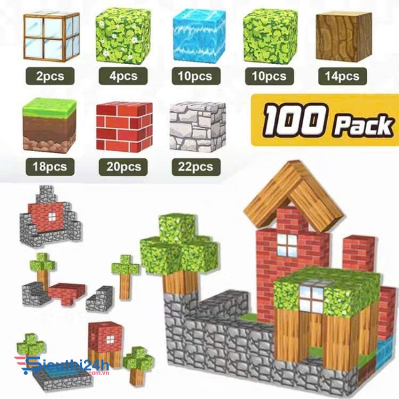 Đồ Chơi Khối Nam Châm Từ Tính Minecraft,Block Minecraft Nam Châm, Đồ Chơi Xây Dựng Cho Bé 1 Hộp 100 mảnh - Bản B