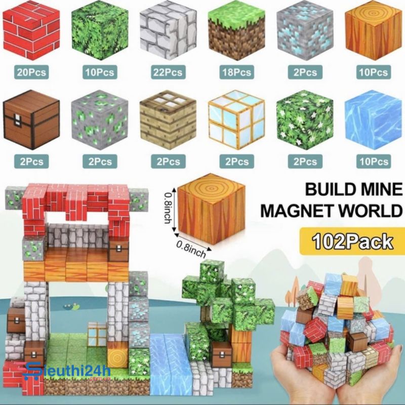 Đồ Chơi Khối Nam Châm Từ Tính Minecraft,Block Minecraft Nam Châm, Đồ Chơi Xây Dựng Cho Bé 1 Hộp 102 mảnh