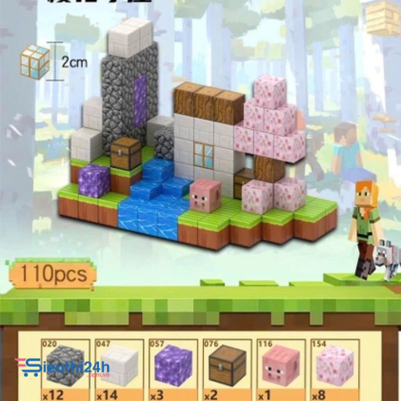 Đồ Chơi Khối Nam Châm Từ Tính Minecraft,Block Minecraft Nam Châm, Đồ Chơi Xây Dựng Cho Bé 1 Hộp 110 mảnh - Bản B