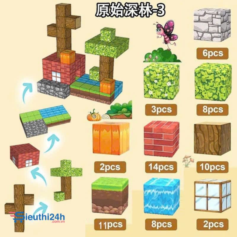 Đồ Chơi Khối Nam Châm Từ Tính Minecraft,Block Minecraft Nam Châm, Đồ Chơi Xây Dựng Cho Bé 1 Hộp 64 mảnh - Bản C