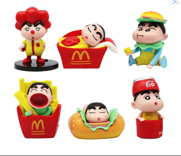 Mô Hình bộ 6 Shin đồ ăn nhanh - Cao 4-7cm - nặng 300gram - Figure Cậu Bé Bút Chì - bọc túi OPP - Hộp Màu
