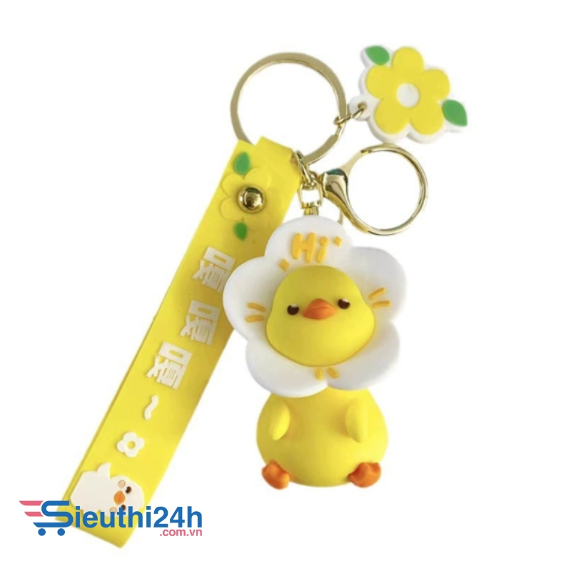 Móc khóa vịt đầu hoa trắng - dây dài 12cm mô hình cao 7cm - nặng : 50gram