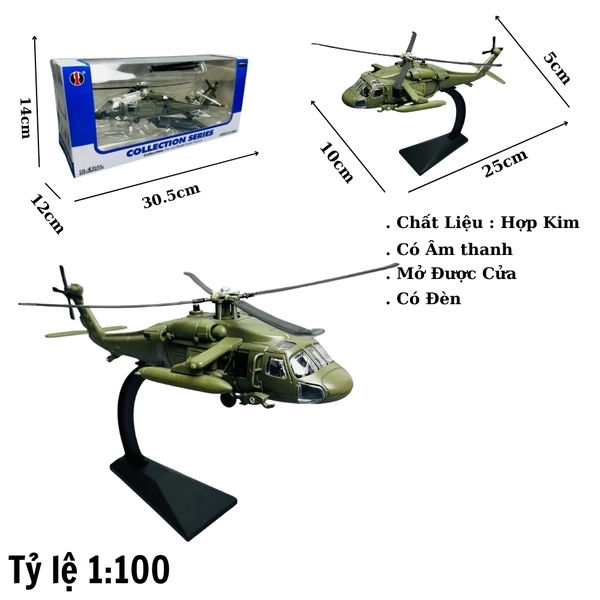 Mô Hình trực thăng 1:100 Hợp kim - Có tiếng - đèn pha sáng - Dài 25cm