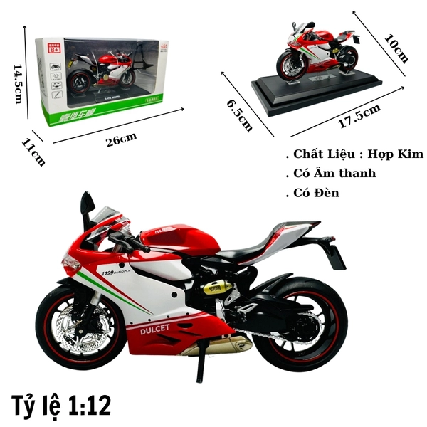 Mô Hình Xe máy ducati 1199 trắng đỏ 1:12