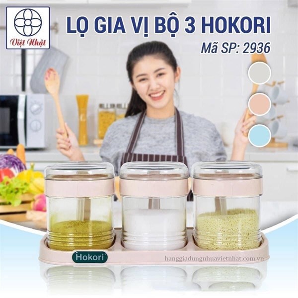 Set 3 Hộp Đựng Gia Vị Việt Nhật Hokori Kèm Thìa Nắp Đậy