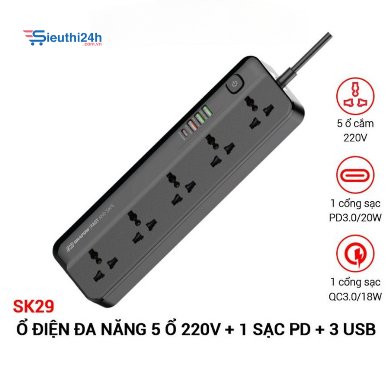 Ổ điện đa năng Drapow SK29 ,5 ổ cắm điện 220v + 3 usb A + 1 Type C sạc nhanh 20W - Màu đen