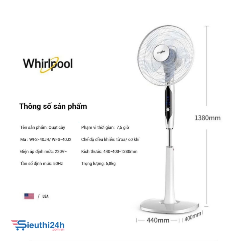 Quạt cây hãng Whirlpool ( Mỹ) , 5 cánh, có điều khiển - động cơ không chổi than