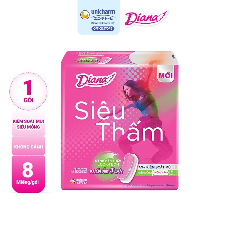 Băng Vệ Sinh Diana Siêu thấm Siêu mỏng không cánh (Gói 8 Miếng)