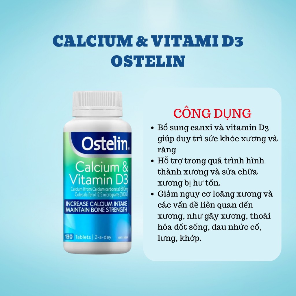 Canxi bầu Ostelin Calcium & Vitamin D3, Úc (130 viên) bổ sung Canxi, D3 phát triển xương, răng cho bà bầu, mẹ cho con bú